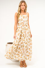 Lexah Maxi Dress - Embroidered A Line Dress with Pockets in Scallina Print Beige