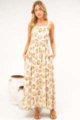 Lexah Maxi Dress - Embroidered A Line Dress with Pockets in Scallina Print Beige