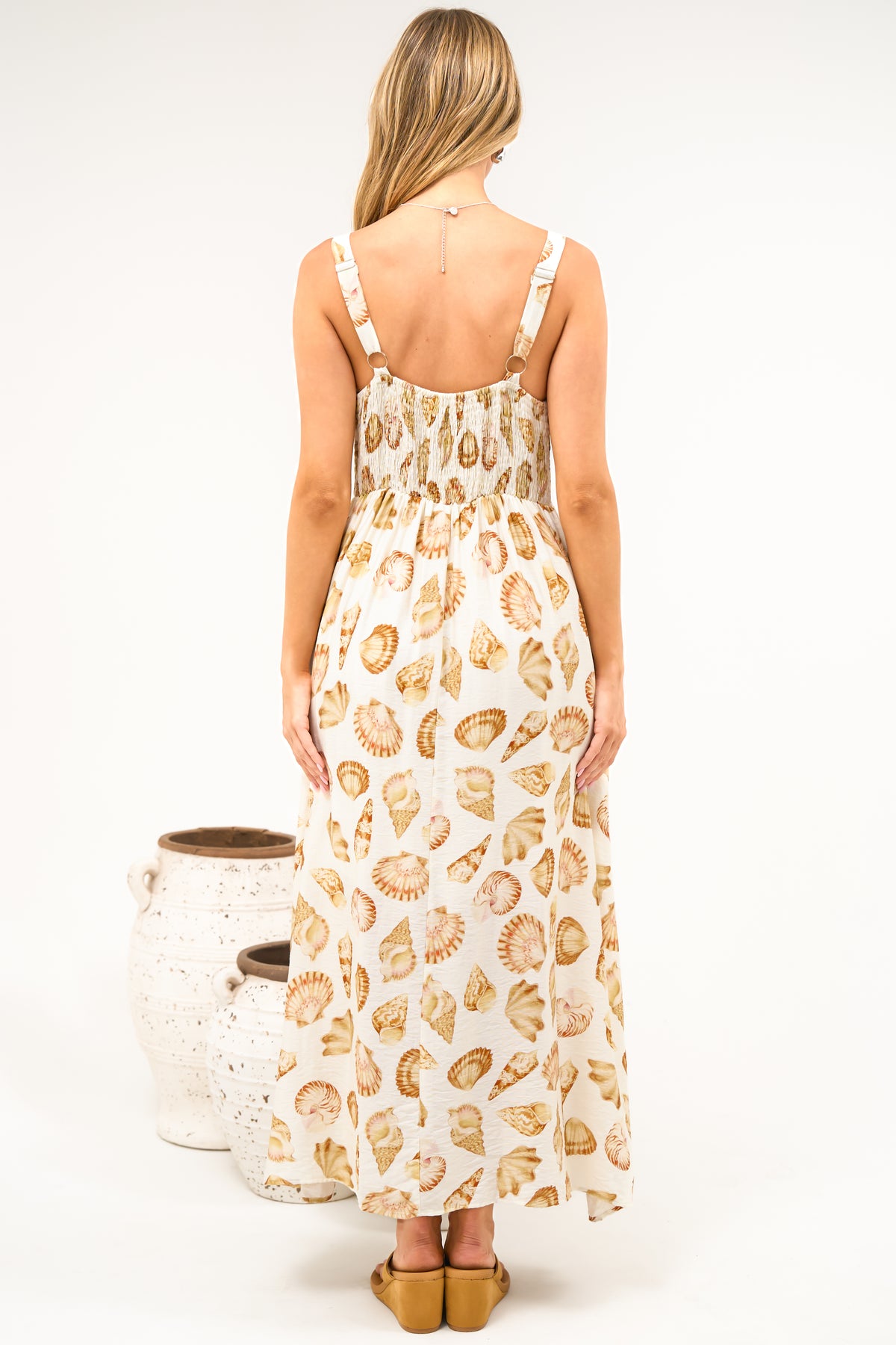 Lexah Maxi Dress - Embroidered A Line Dress with Pockets in Scallina Print Beige