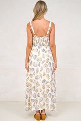 Lexah Maxi Dress - Embroidered A Line Dress with Pockets in Scallina Print Blue