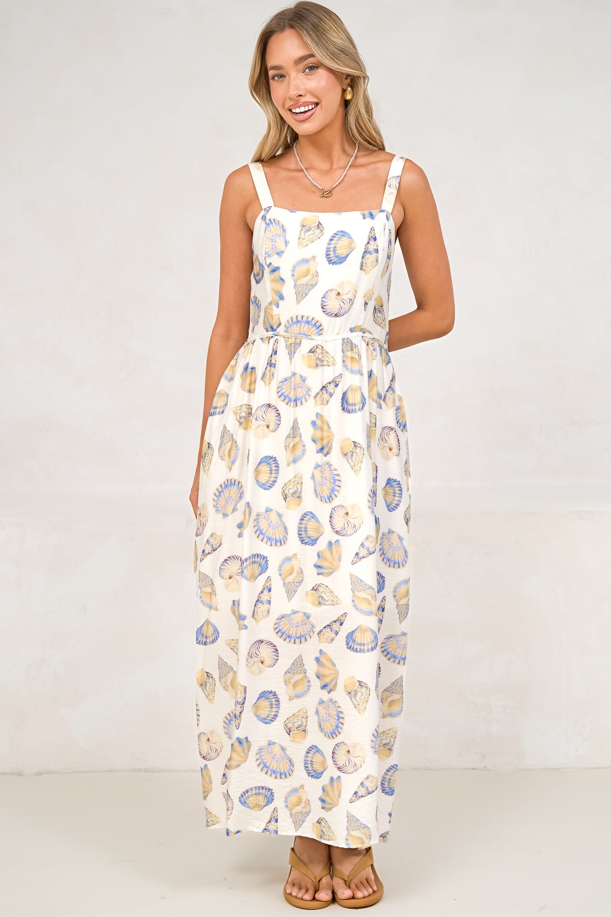 Lexah Maxi Dress - Embroidered A Line Dress with Pockets in Scallina Print Blue