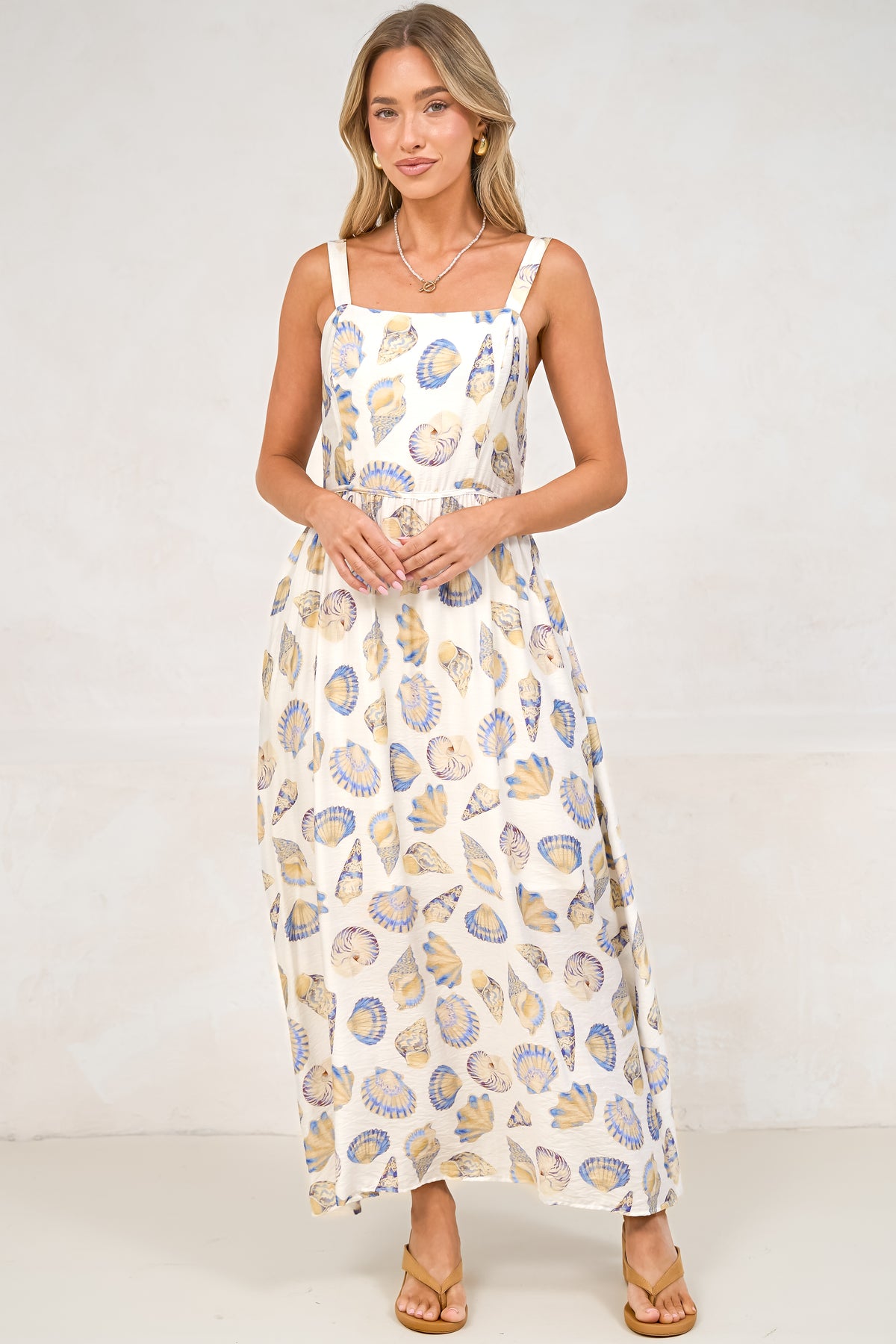 Lexah Maxi Dress - Embroidered A Line Dress with Pockets in Scallina Print Blue