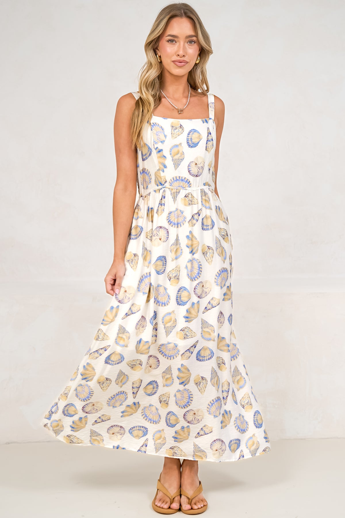 Lexah Maxi Dress - Embroidered A Line Dress with Pockets in Scallina Print Blue