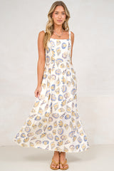 Lexah Maxi Dress - Embroidered A Line Dress with Pockets in Scallina Print Blue