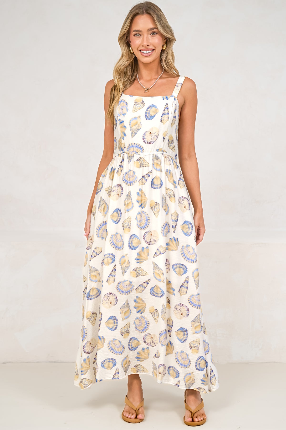 Lexah Maxi Dress - Embroidered A Line Dress with Pockets in Scallina Print Blue