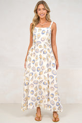 Lexah Maxi Dress - Embroidered A Line Dress with Pockets in Scallina Print Blue