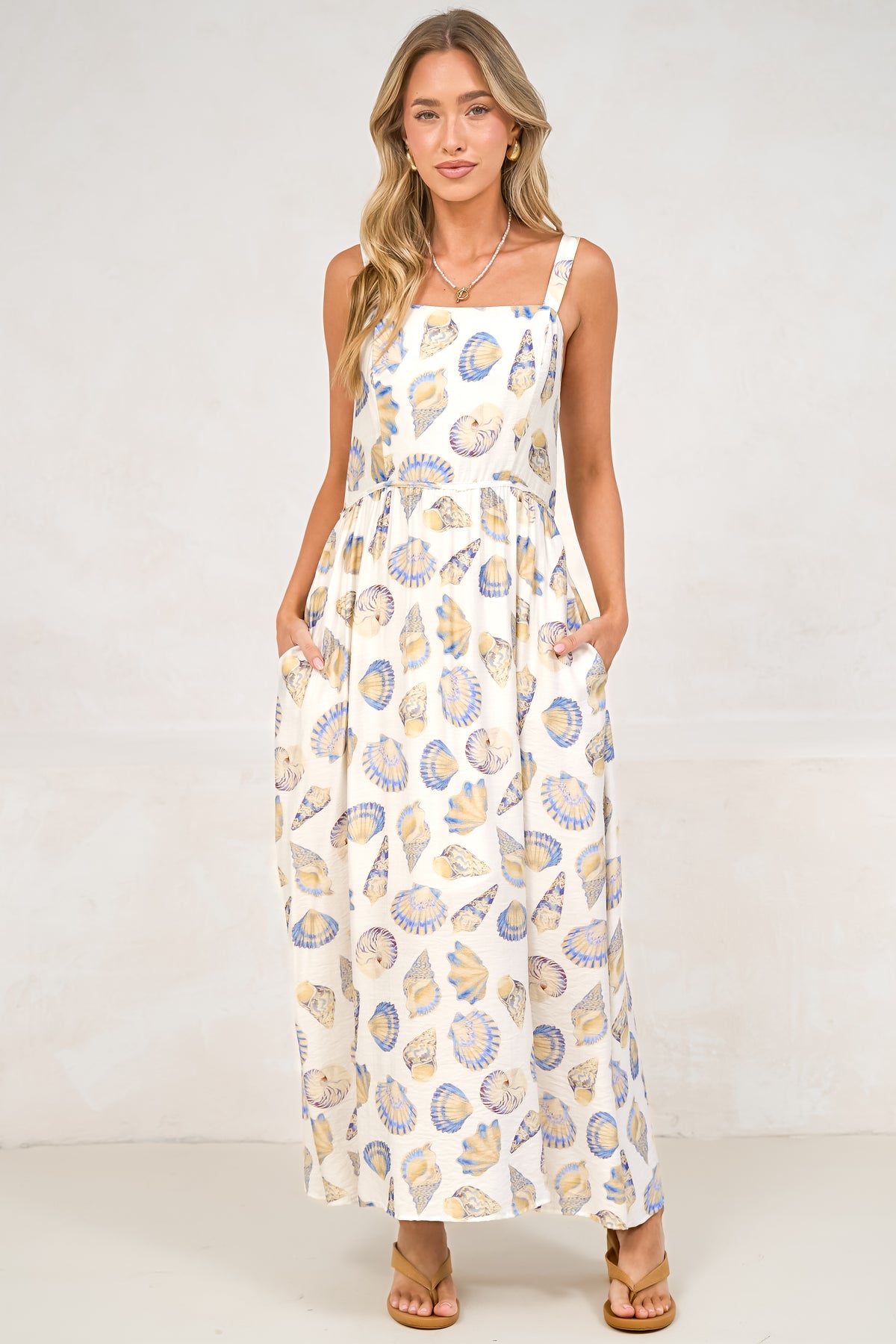 Lexah Maxi Dress - Embroidered A Line Dress with Pockets in Scallina Print Blue