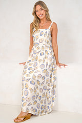Lexah Maxi Dress - Embroidered A Line Dress with Pockets in Scallina Print Blue