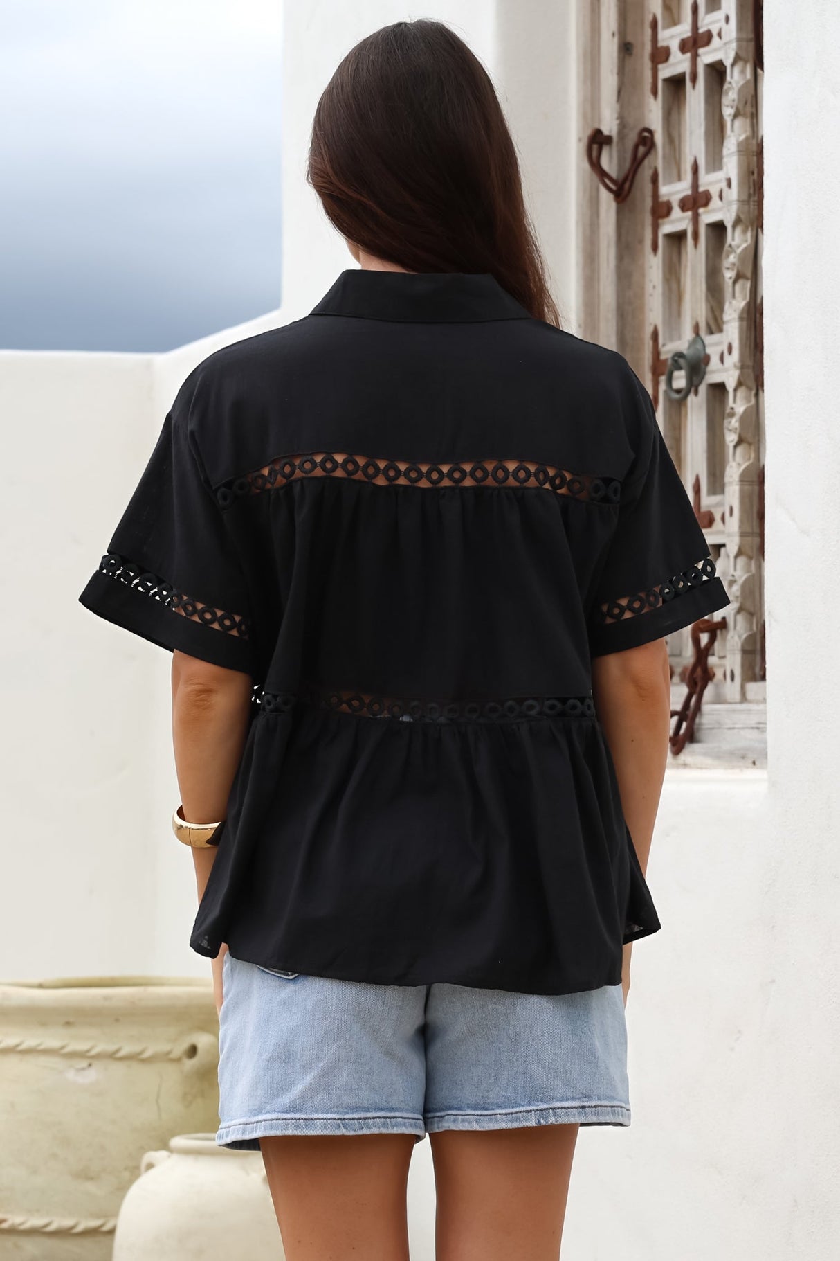 Leyana Shirt - Collared Cut Out Insert Button Down in Black