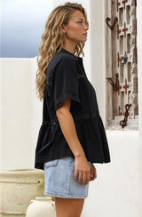 Leyana Shirt - Collared Cut Out Insert Button Down in Black