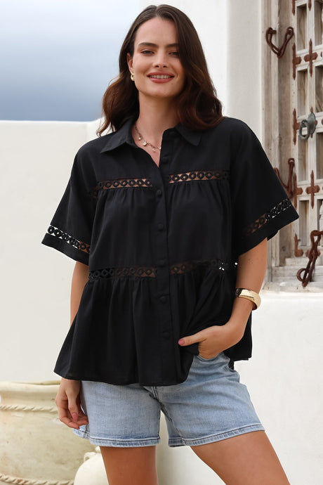 Leyana Shirt - Collared Cut Out Insert Button Down in Black
