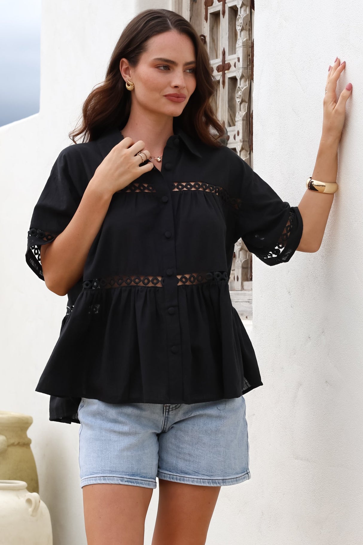 Leyana Shirt - Collared Cut Out Insert Button Down in Black