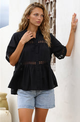 Leyana Shirt - Collared Cut Out Insert Button Down in Black