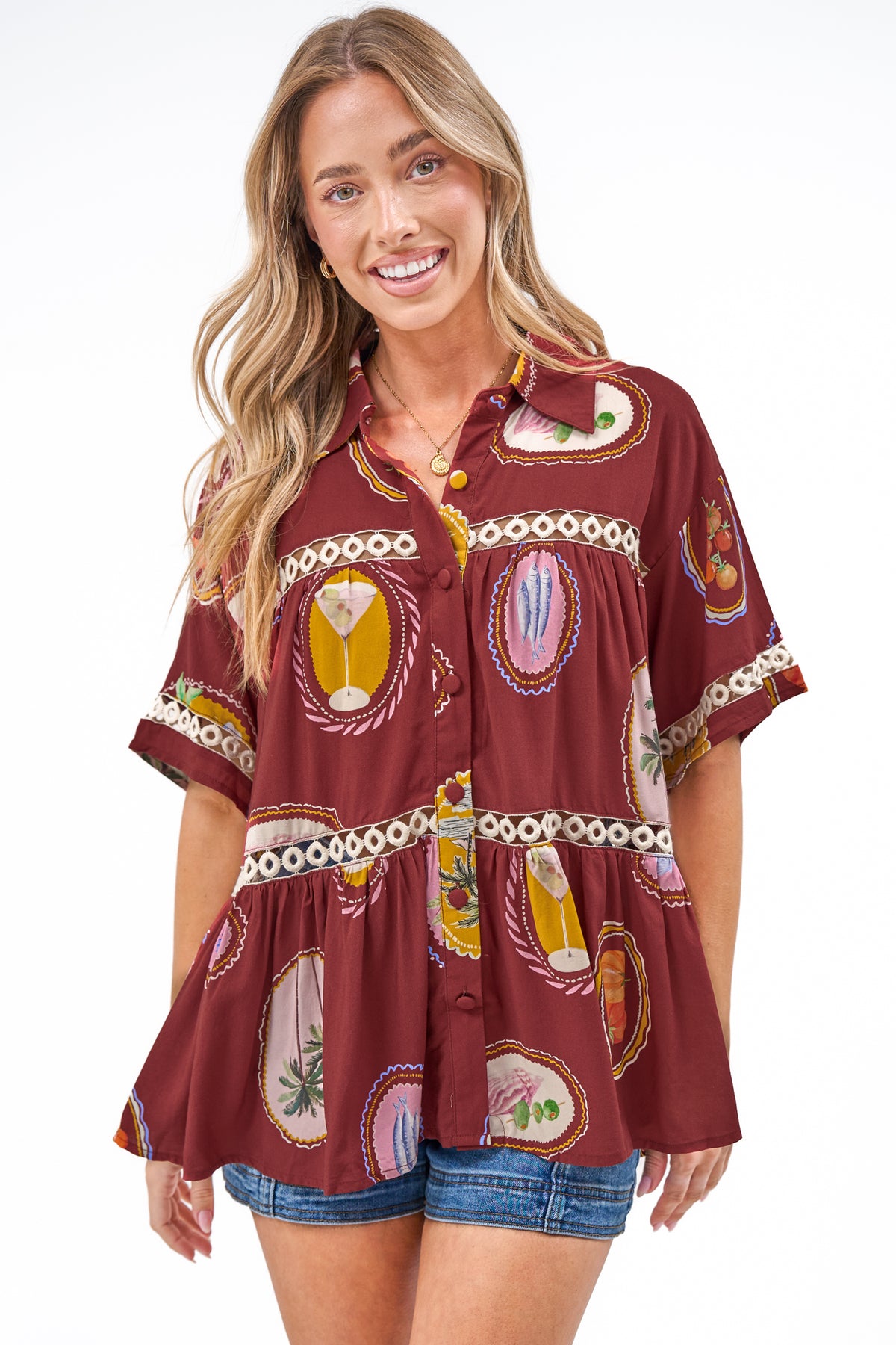 Leyana Shirt - Collared Cut Out Insert Button Down in Tamrin Print