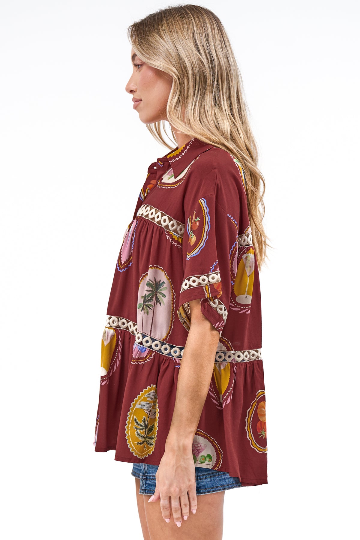 Leyana Shirt - Collared Cut Out Insert Button Down in Tamrin Print