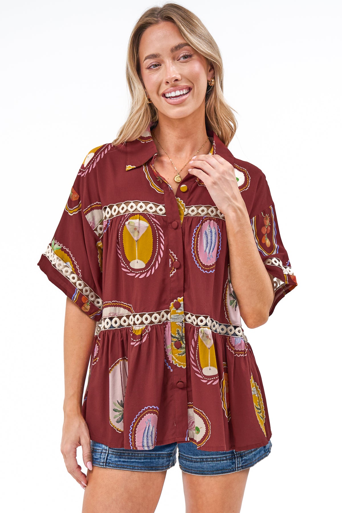 Leyana Shirt - Collared Cut Out Insert Button Down in Tamrin Print