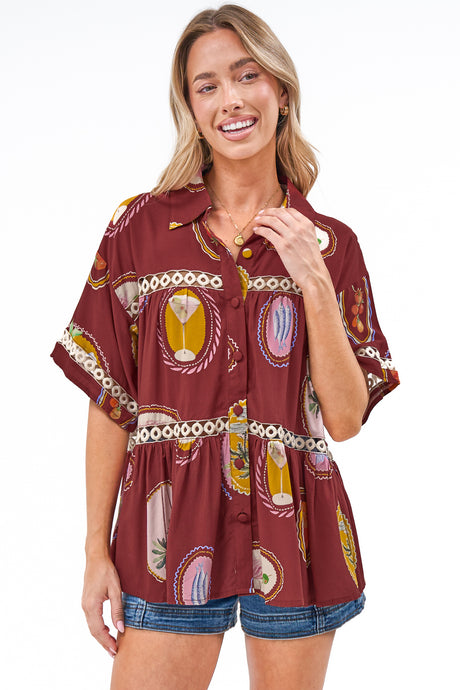 Leyana Shirt - Collared Cut Out Insert Button Down in Tamrin Print