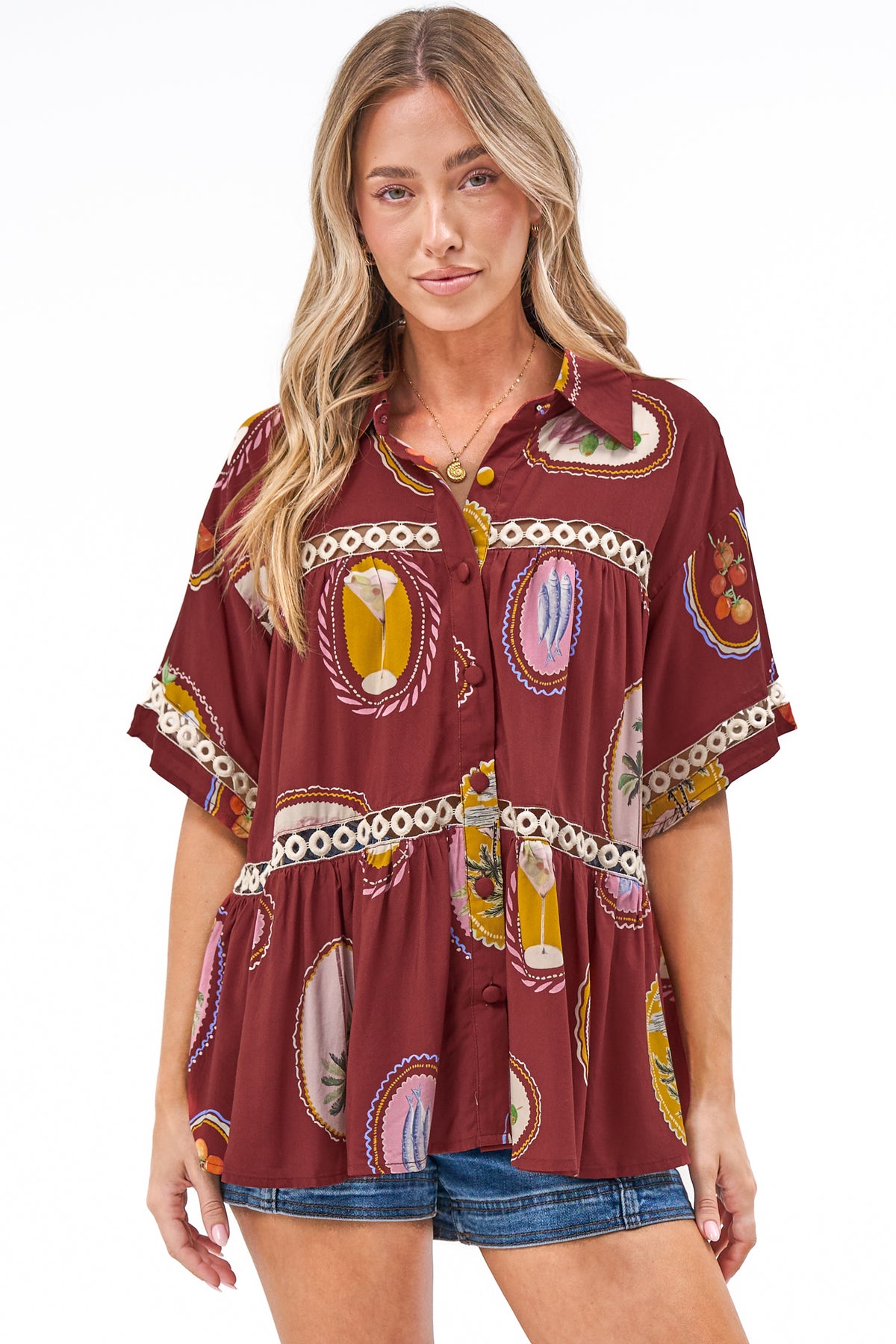 Leyana Shirt - Collared Cut Out Insert Button Down in Tamrin Print