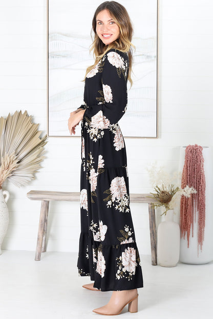Leyla Maxi Dress - Long Sleeve A Line Dress with Pull Tie Waist in Floral Print