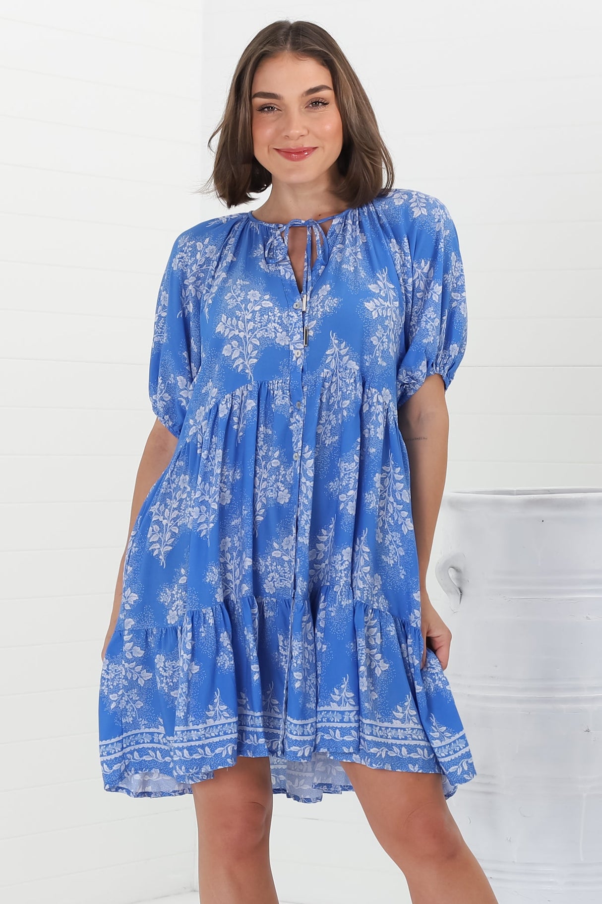 Lia Mini Dress - Balloon Sleeve Smock Dress in Bridgette Print