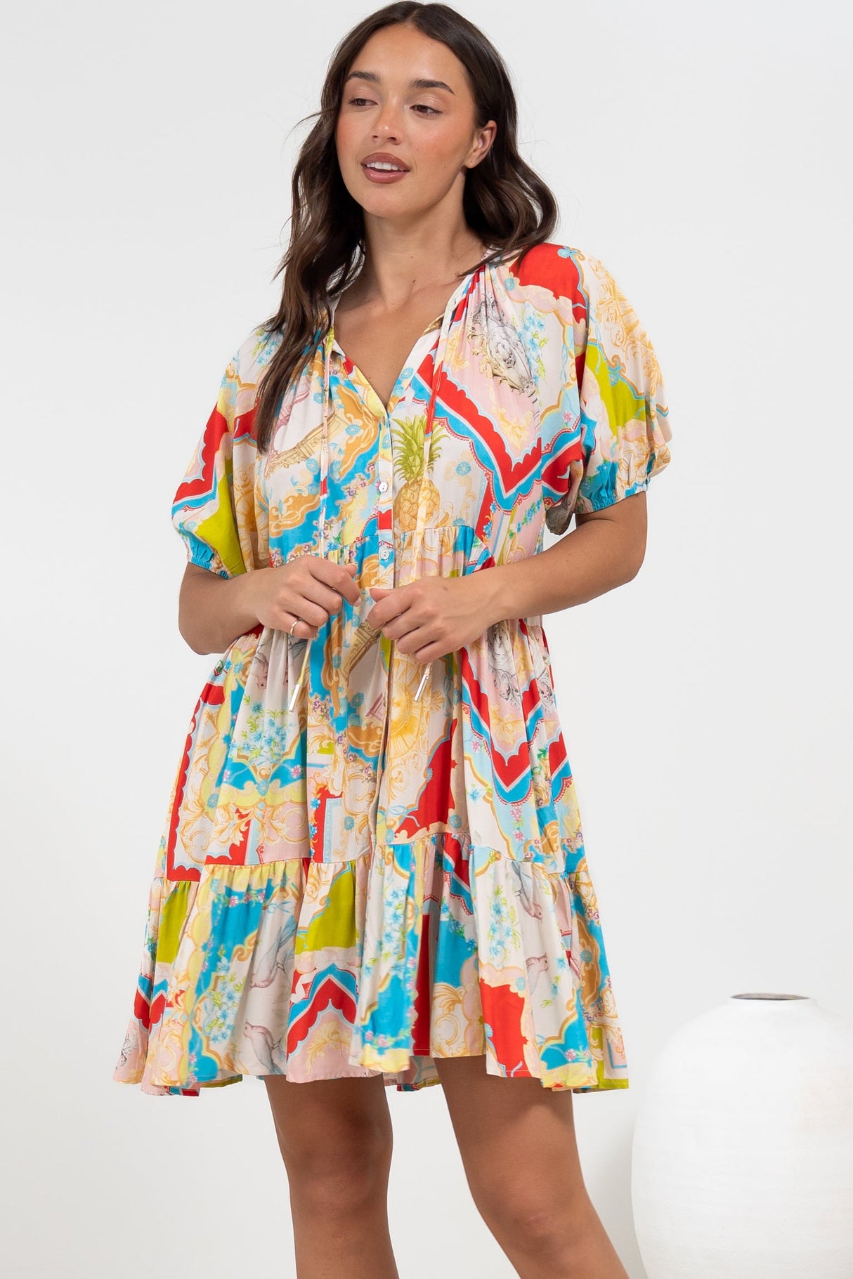 Lia Mini Dress - Balloon Sleeve Smock Dress in Ecoya Print
