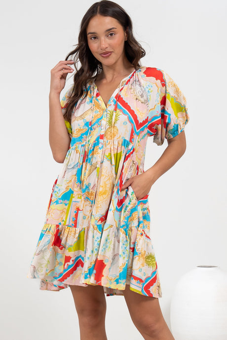 Lia Mini Dress - Balloon Sleeve Smock Dress in Ecoya Print