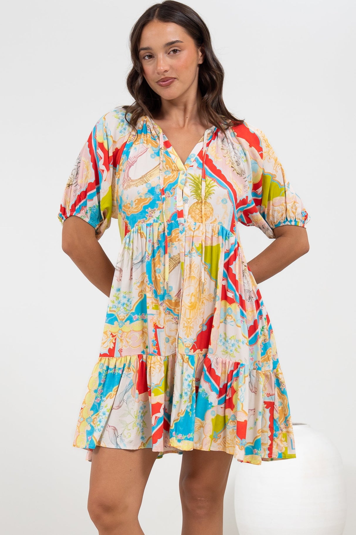 Lia Mini Dress - Balloon Sleeve Smock Dress in Ecoya Print