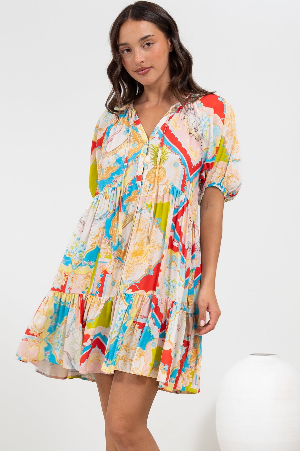 Lia Mini Dress - Balloon Sleeve Smock Dress in Ecoya Print