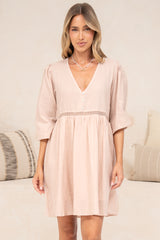 Liana Mini Dress - V Neck Empire Crochet Trim Waist Dress with Balloon Sleeves in Pink