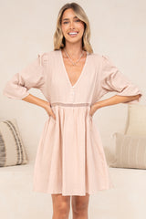 Liana Mini Dress - V Neck Empire Crochet Trim Waist Dress with Balloon Sleeves in Pink