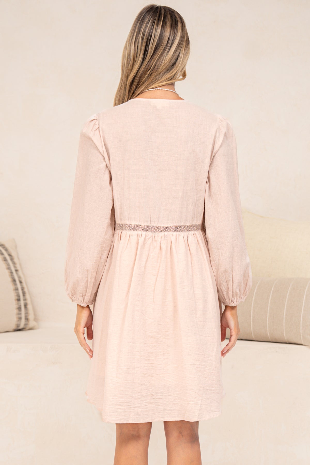 Liana Mini Dress - V Neck Empire Crochet Trim Waist Dress with Balloon Sleeves in Pink