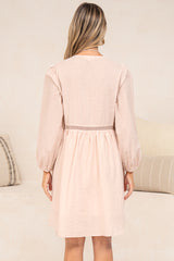 Liana Mini Dress - V Neck Empire Crochet Trim Waist Dress with Balloon Sleeves in Pink