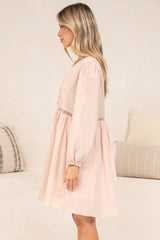 Liana Mini Dress - V Neck Empire Crochet Trim Waist Dress with Balloon Sleeves in Pink