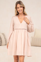 Liana Mini Dress - V Neck Empire Crochet Trim Waist Dress with Balloon Sleeves in Pink
