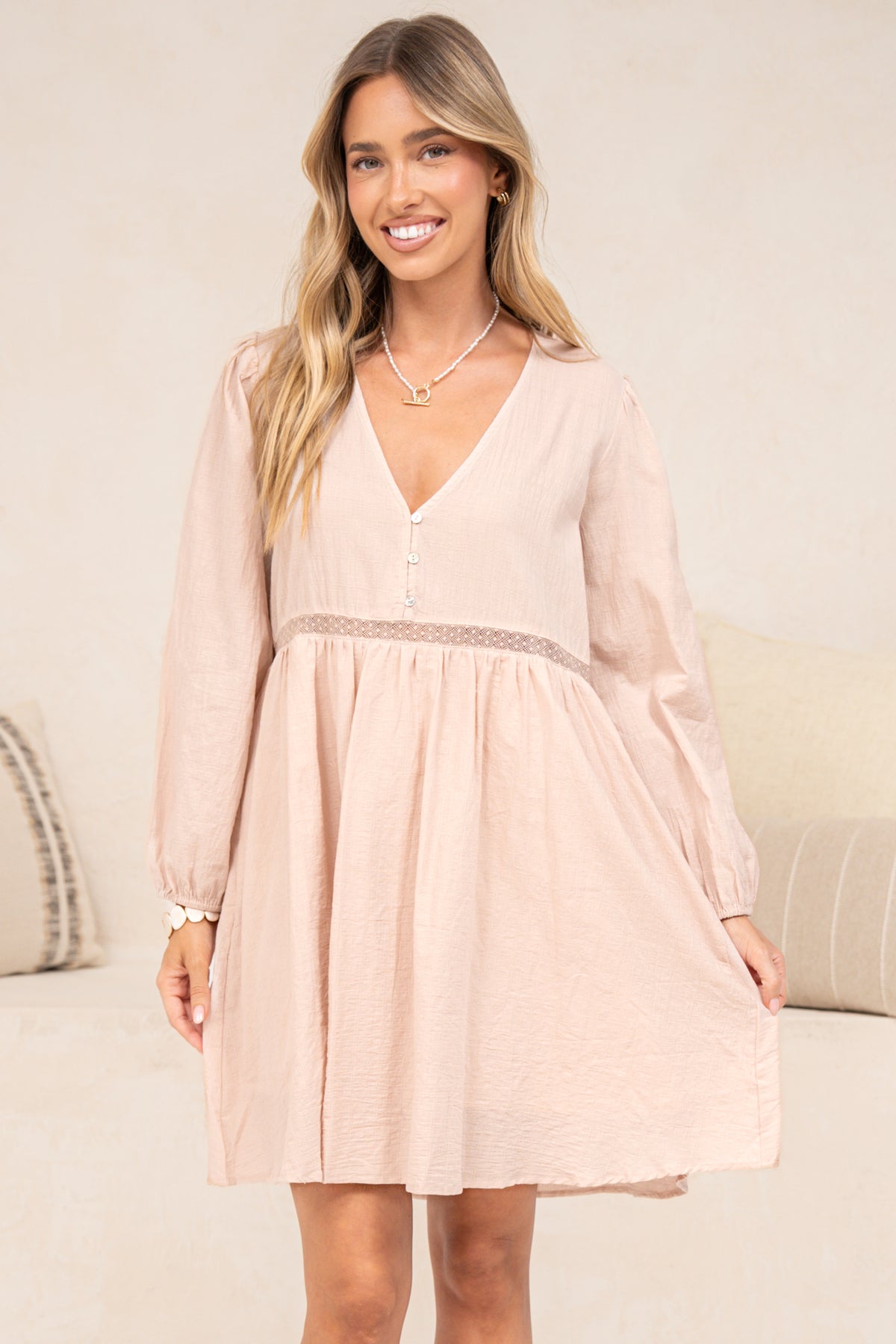Liana Mini Dress - V Neck Empire Crochet Trim Waist Dress with Balloon Sleeves in Pink