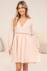 Liana Mini Dress - V Neck Empire Crochet Trim Waist Dress with Balloon Sleeves in Pink