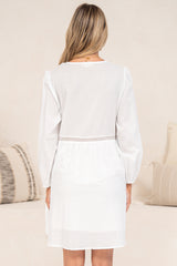 Liana Mini Dress - V Neck Empire Crochet Trim Waist Dress with Balloon Sleeves in White