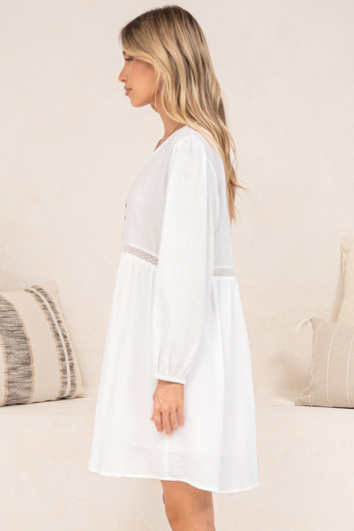 Liana Mini Dress - V Neck Empire Crochet Trim Waist Dress with Balloon Sleeves in White