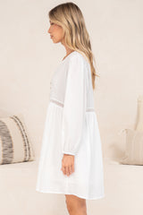Liana Mini Dress - V Neck Empire Crochet Trim Waist Dress with Balloon Sleeves in White