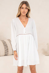 Liana Mini Dress - V Neck Empire Crochet Trim Waist Dress with Balloon Sleeves in White