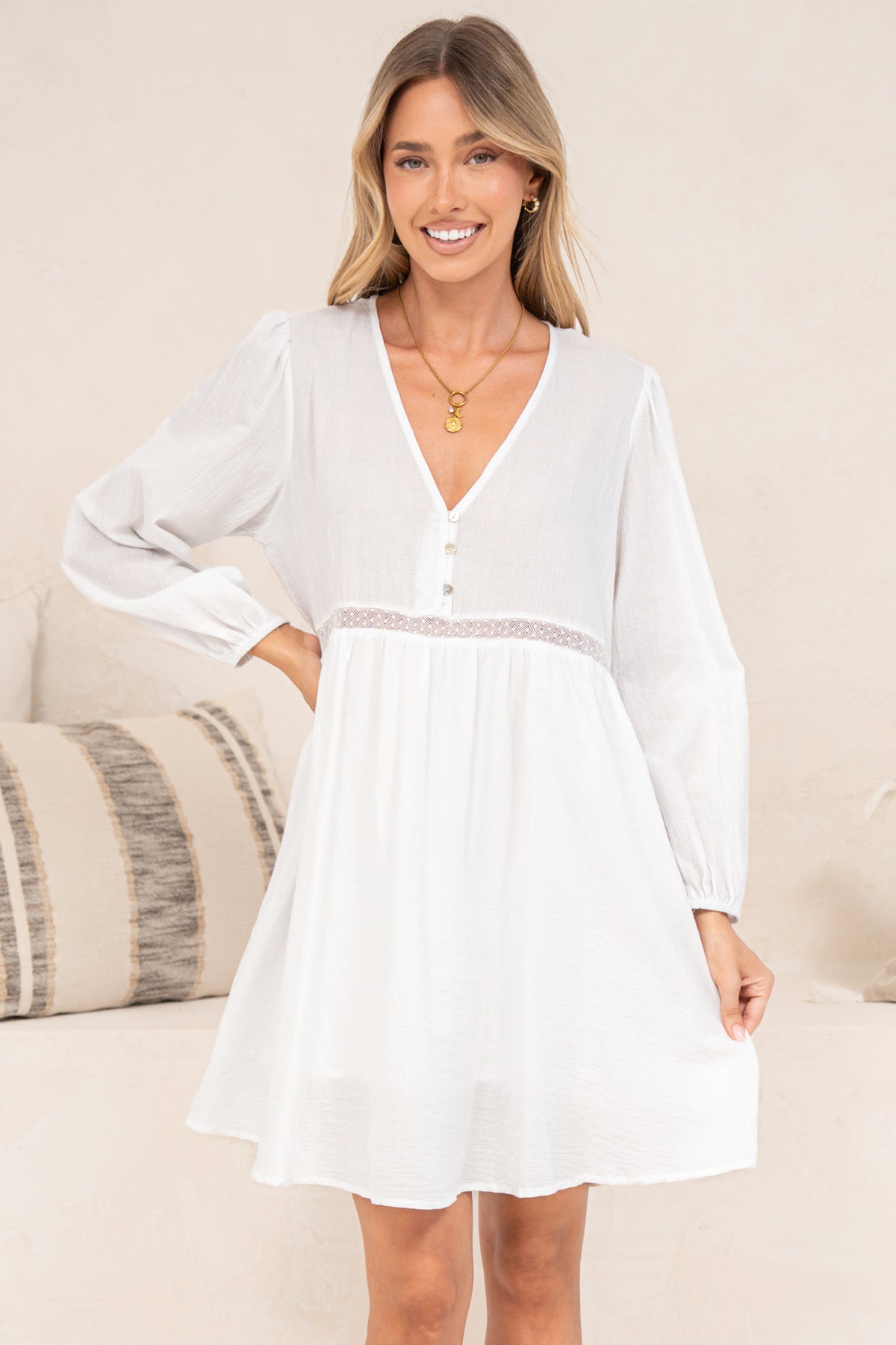 Liana Mini Dress - V Neck Empire Crochet Trim Waist Dress with Balloon Sleeves in White