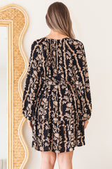 Lianda Mini Dress - Soft V Neck Pull Over Shift Dress with Neck Tie & Matching Belt in Helio Print