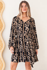 Lianda Mini Dress - Soft V Neck Pull Over Shift Dress with Neck Tie & Matching Belt in Helio Print