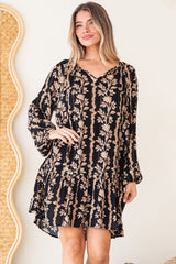 Lianda Mini Dress - Soft V Neck Pull Over Shift Dress with Neck Tie & Matching Belt in Helio Print
