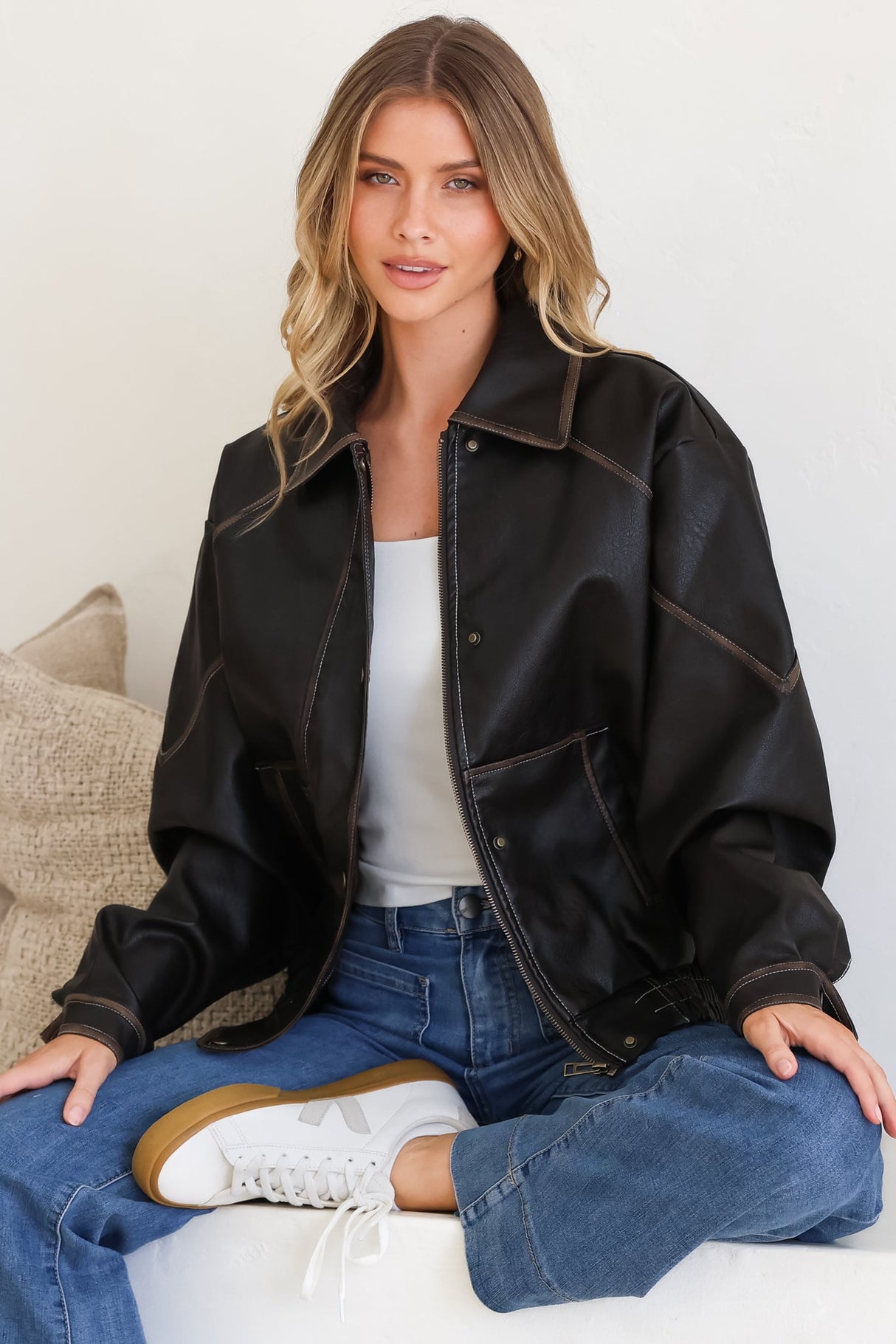 Model wearing Liano Jacket in Brown from Salty Crush