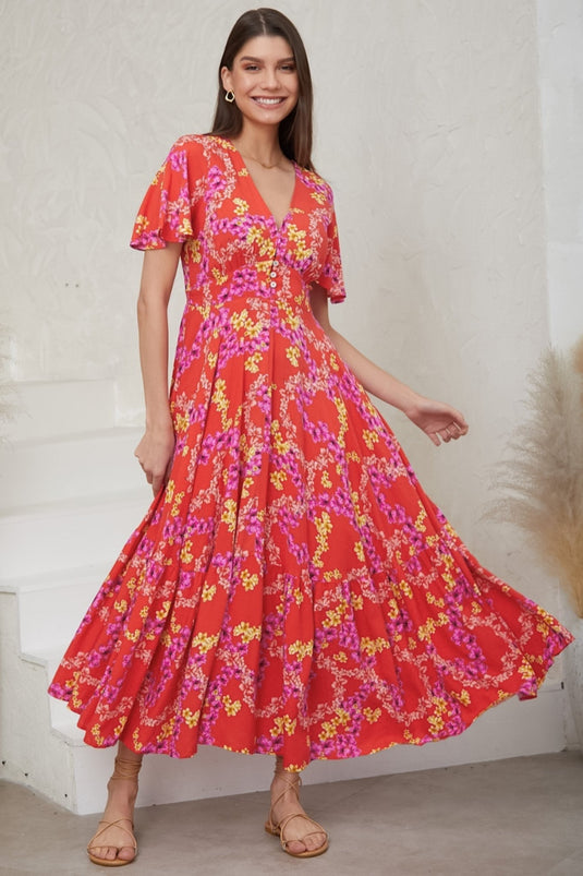 Libby Maxi Dress - Flutter Cap Sleeve Button Waist Detailed A Line Dress in Comino Print