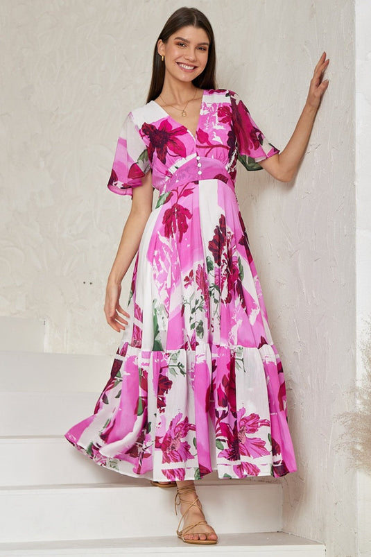 Libby Maxi Dress - Flutter Cap Sleeve Button Waist Detailed A Line Dress in Flori Print