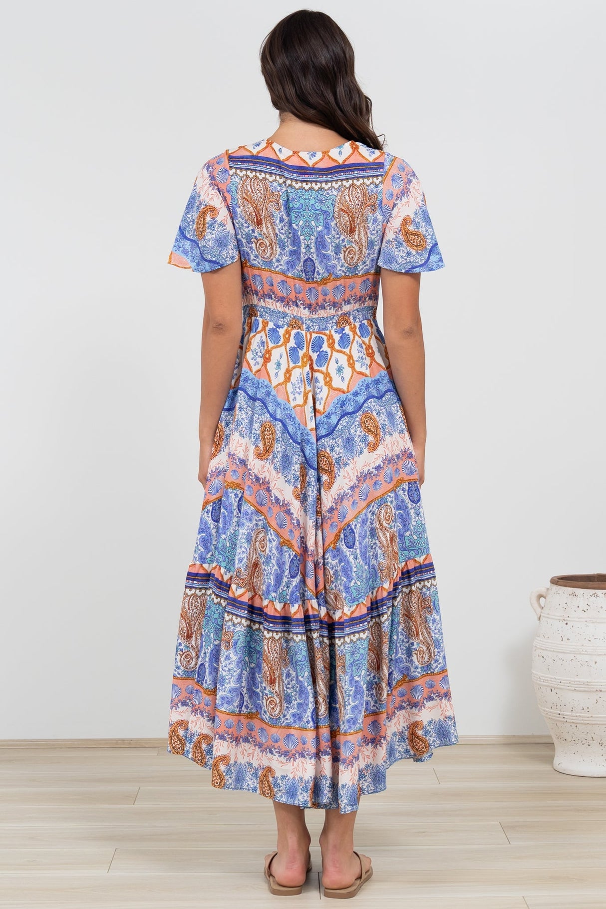 Libby Maxi Dress - Flutter Cap Sleeve Button Waist Detailed A Line Dress in Belly Print
