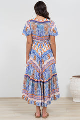 Libby Maxi Dress - Flutter Cap Sleeve Button Waist Detailed A Line Dress in Belly Print