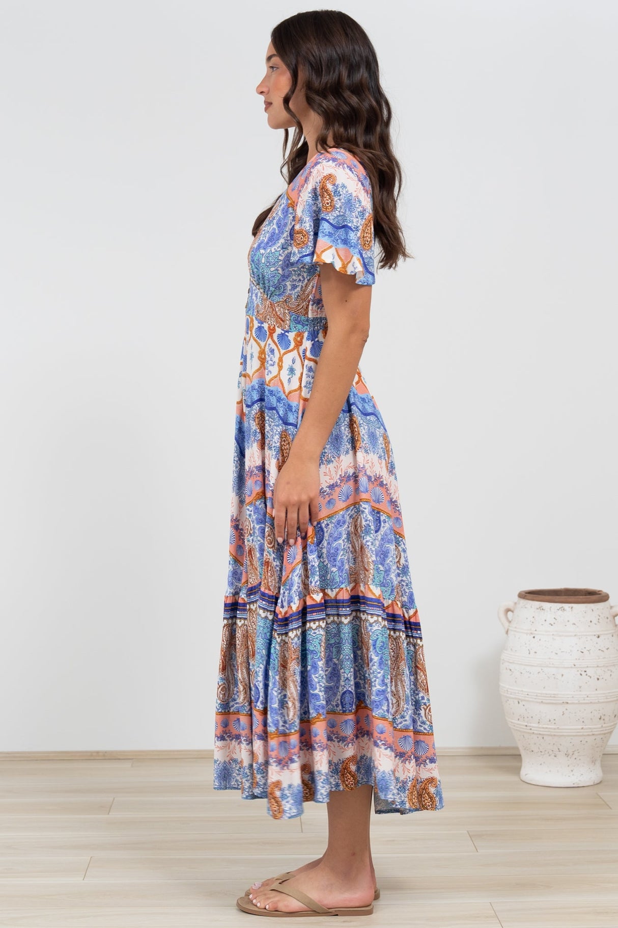 Libby Maxi Dress - Flutter Cap Sleeve Button Waist Detailed A Line Dress in Belly Print